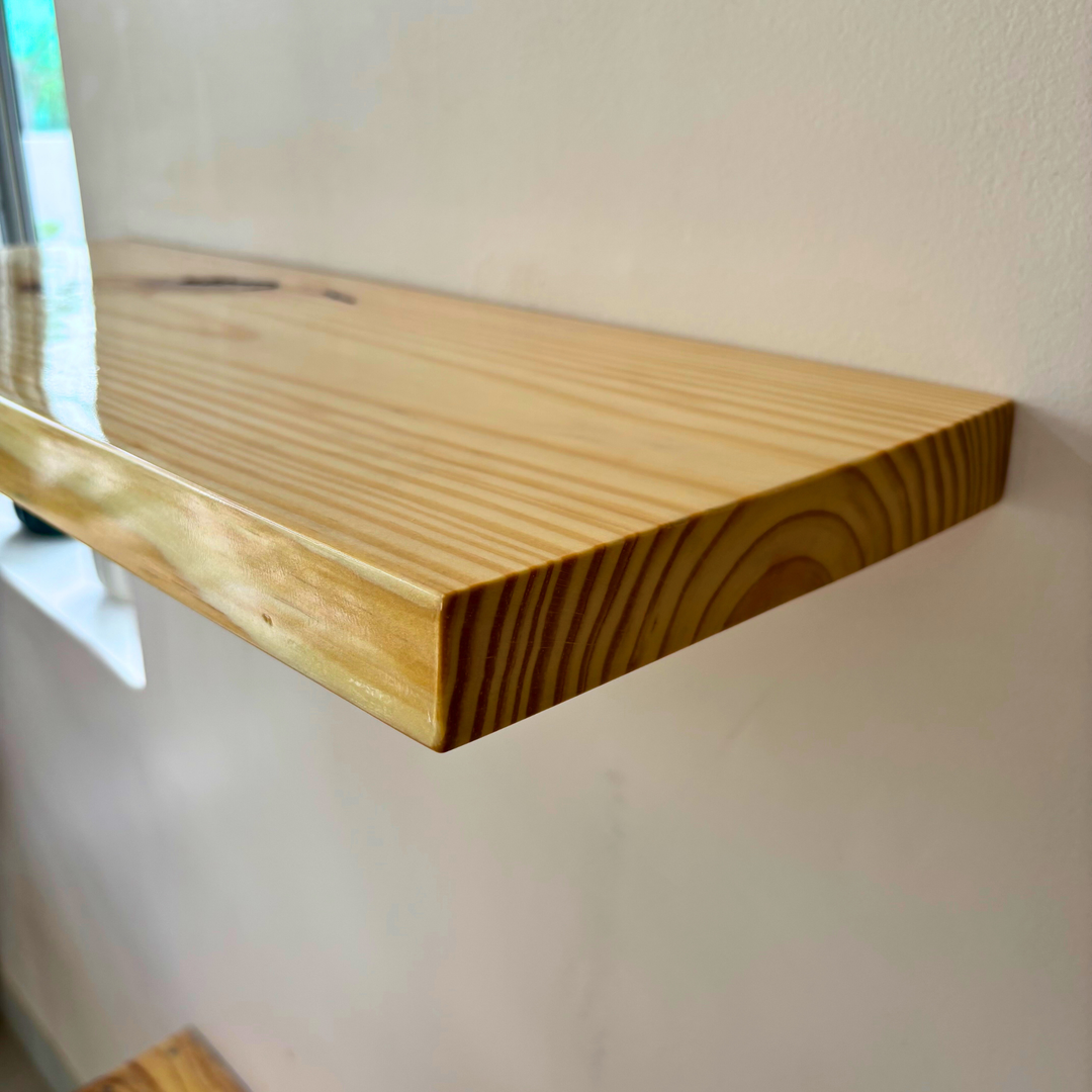 Prism – Solid Wood Floating Shelf | Clear Natural | High Gloss Finish | 9in Deep | 35mm Thick